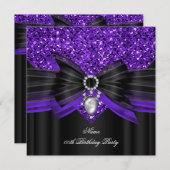 パープルブラックグリッター誕生日パーティーダイヤモンド 招待状 (正面/裏面)