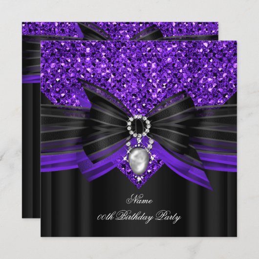 パープルブラックグリッター誕生日パーティーダイヤモンド 招待状 (正面/裏面)