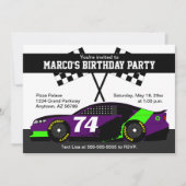 パープルブラックグリーンホワイトレースカーバースデーパーティー カード (正面)