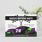 パープルブラックグリーンホワイトレースカーバースデーパーティー カード (スタンド正面)