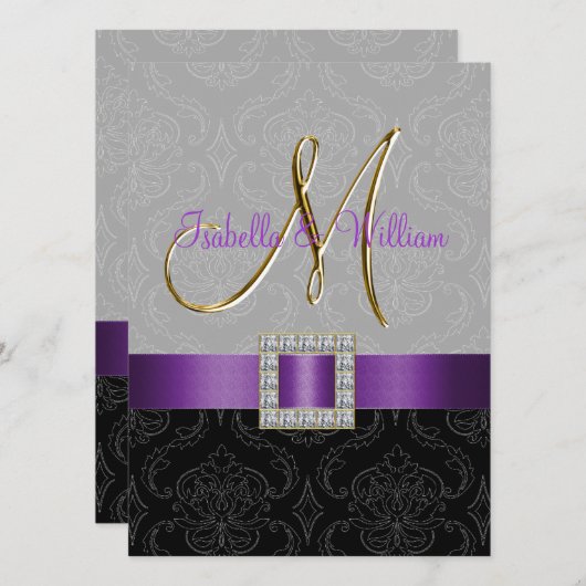 パープルブラックグレーダマスクイニシャルウェディング招待 招待状 (正面/裏面)