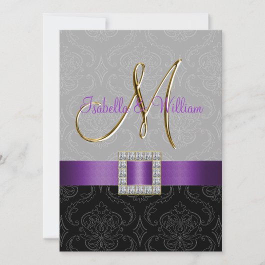 パープルブラックグレーダマスクイニシャルウェディング招待 招待状 (正面)