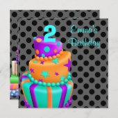 パープルブラックケーキプレゼント女の子2nd誕生日 招待状 (正面/裏面)