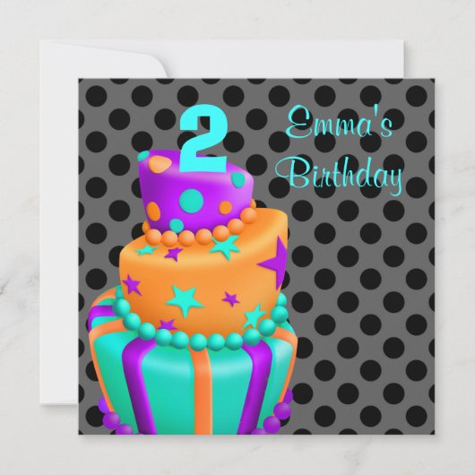 パープルブラックケーキプレゼント女の子2nd誕生日 招待状 (正面)