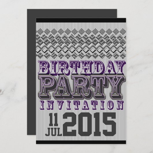 パープルブラックストリピースダイアモンズバースデーパーティー招待状 招待状 (正面/裏面)