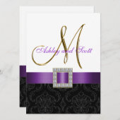 パープルブラックダマスクイニシャルウェディング招待 招待状 (正面/裏面)