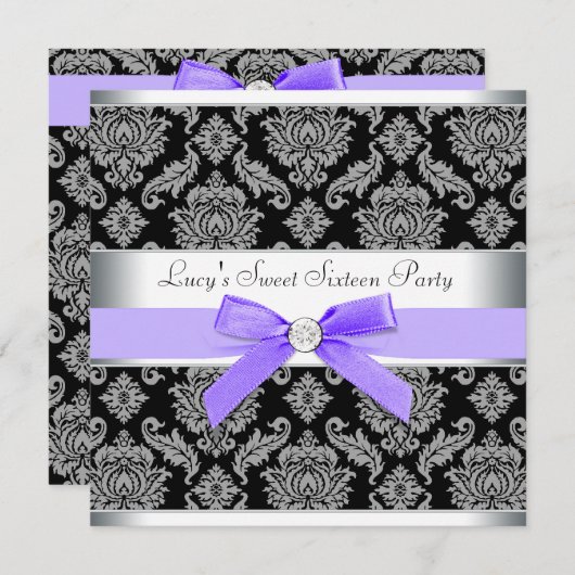 パープルブラックダマスクスウィート16誕生日パーティー 招待状 (正面/裏面)