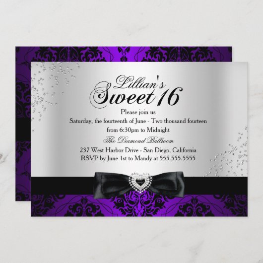 パープルブラックダマスクスパークルスウィート16招待状 招待状 (正面/裏面)