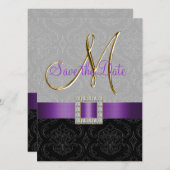 パープルブラックダマスク金ゴールドイニシャル日付を保存 セーブザデート (正面/裏面)