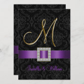 パープルブラックダマスク金ゴールドイニシャルMウェディング招待 招待状 (正面/裏面)