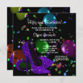 パープルブラックハイヒールウーマンズバースデーパーティー 招待状 (正面/裏面)