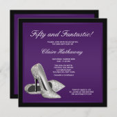 パープルブラックハイヒール女性50誕生日 招待状 (正面/裏面)