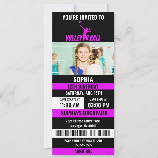 パープルブラックバレーボールチケット誕生日写真 招待状 (正面)