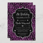 パープルブラックヒョウの斑点グリッターフレーム誕生日 招待状 (正面/裏面)