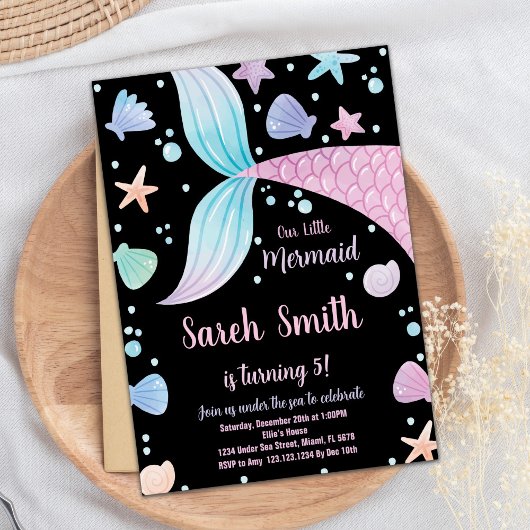 パープルブラックピンクマーメイドテール誕生日招待状 招待状