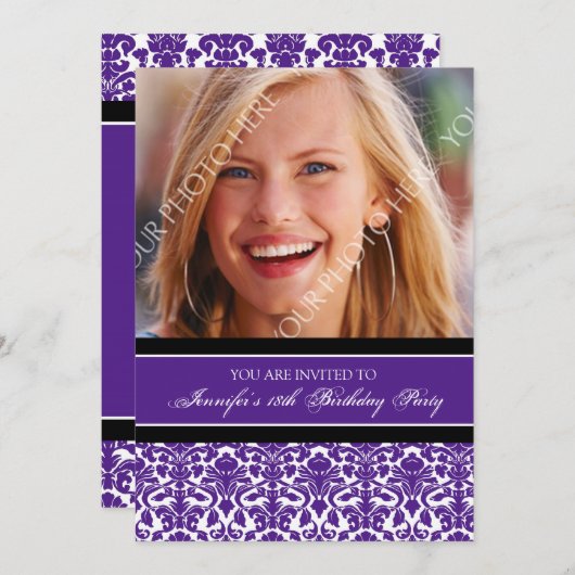 パープルブラックフォト18thバースデーパーティ招待状 招待状 (正面/裏面)