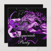 パープルブラックマスクマスカレードボールパーティー 招待状 (正面/裏面)