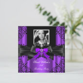 パープルブラックレースフォトエレガントな誕生日パーティー2 招待状 (スタンド正面)