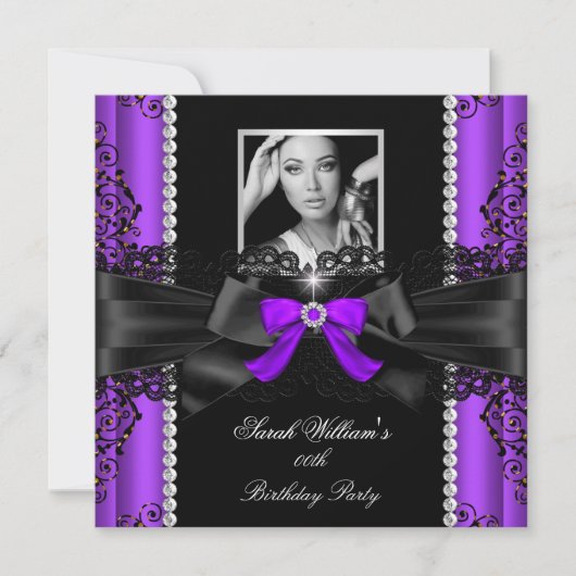 パープルブラックレースフォトバースデーパーティー 招待状 (正面)