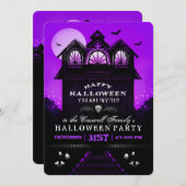 パープルブラック幽霊のよく出るハウスハローウィンパーティ招待状 招待状 (正面/裏面)