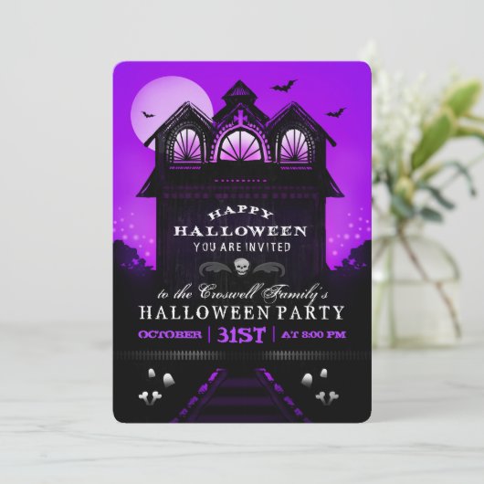 パープルブラック幽霊のよく出るハウスハローウィンパーティ招待状 招待状 (スタンド正面)