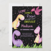 パープルブラック恐竜誕生日招待状 招待状 (正面)