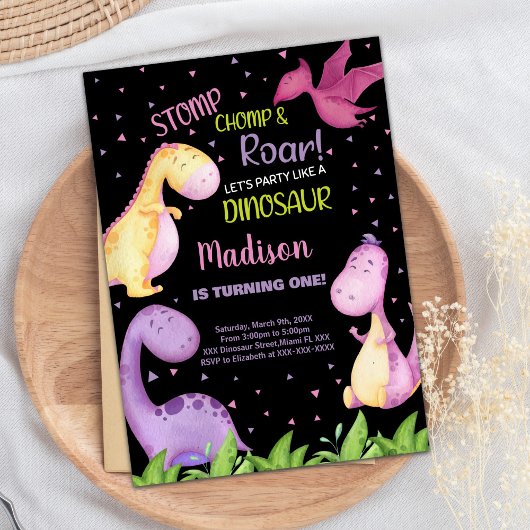 パープルブラック恐竜誕生日招待状 招待状