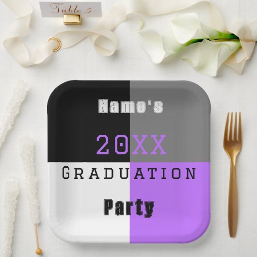 パープルブラック&ホワイトカスタム卒業式パーティー ペーパープレート (ウェディング)