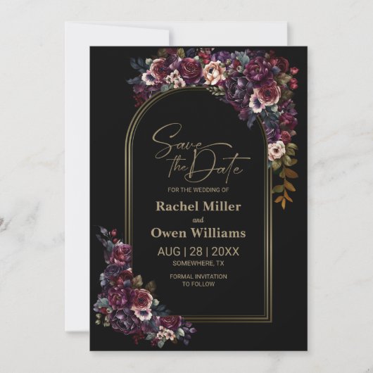 パープルブルガンディブラックフローラアー結婚チズ セーブザデート (正面)