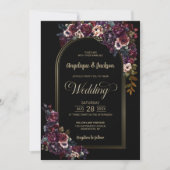 パープルブルガンディブラックフローラアー結婚チズ 招待状 (正面)