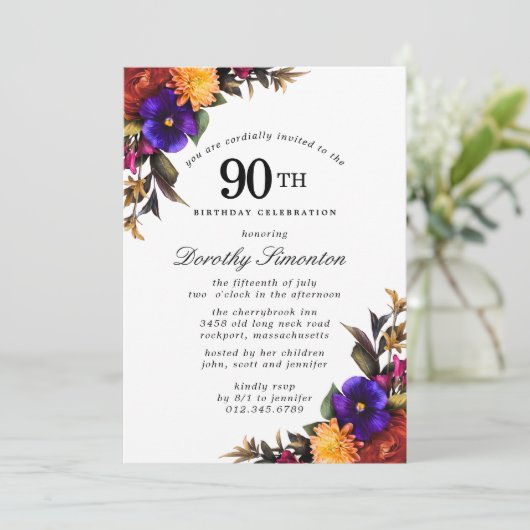 パープルブルゴーニュイエローフローラ90th誕生日パーティー 招待状 (スタンド正面)