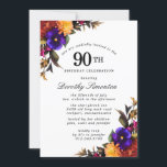 パープルブルゴーニュイエローフローラ90th誕生日パーティー 招待状<br><div class="desc">この90歳カラフルの誕生日パーティーの招待に飾は、花が濃い緑の葉に囲まれている。</div>