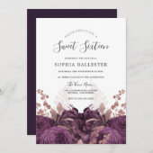 パープルブルゴーニュエレガントフローラスウィート16パーティー 招待状 (正面/裏面)