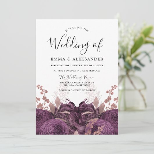 パープルブルゴーニュフローラエレガントな結婚式 招待状 (スタンド正面)