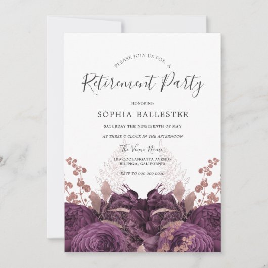 パープルブルゴーニュフローラエレガント退職パーティー 招待状 (正面)