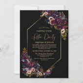 パープルブルゴーニュフローラ結婚ブラックのパーティー 招待状 (正面)