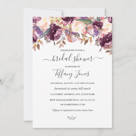 パープルブルゴーニュフローラ開花ブライダルシャワー 招待状 (正面)
