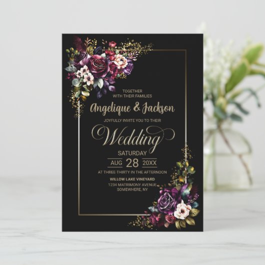 パープルブルゴーニュ黒フローラ結婚全て 招待状 (スタンド正面)