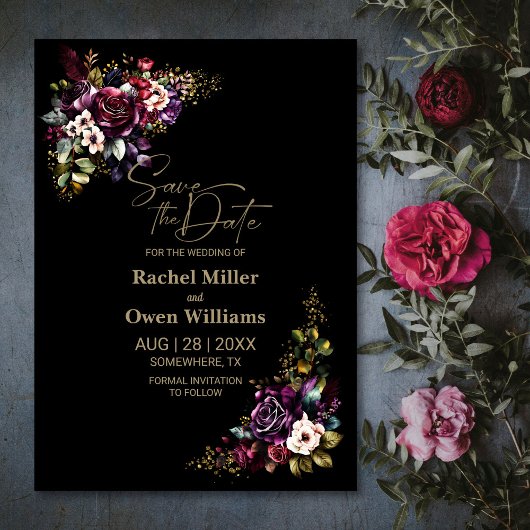 パープルブルゴーニュ黒フローラ結婚式の日付を保存 セーブザデート