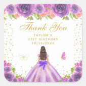 パープルブルネットヘアプリンセスバースデーパーティー スクエアシール (正面)