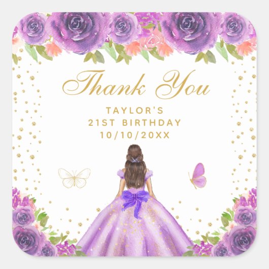 パープルブルネットヘアプリンセスバースデーパーティー スクエアシール (正面)