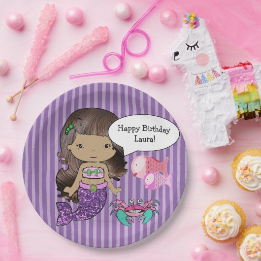 パープルブルネットマーメイドバースデーパーティープレート ペーパープレート (パーティー)