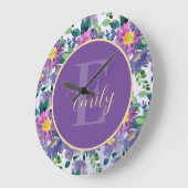 パープルブルーかわいらし花模様モノグラム ラージ壁時計 (傾斜)