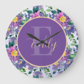 パープルブルーかわいらし花模様モノグラム ラージ壁時計 (正面)
