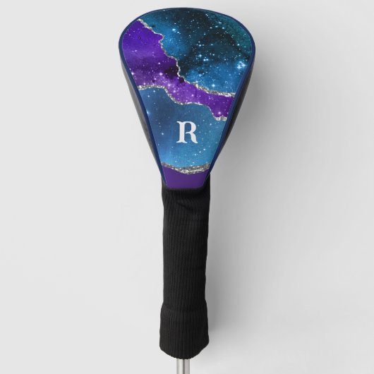 パープルブルーとシルバーのグリッター モノグラムの ゴルフヘッドカバー (正面)