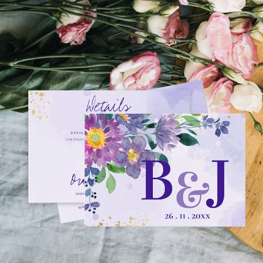 パープルブルーのお花の結婚式の詳細 エンクロージャーカード