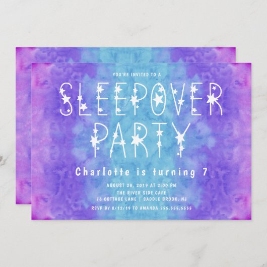 パープルブルーの水彩 星空の女子たちのスリーパーオーバー 招待状 (正面/裏面)