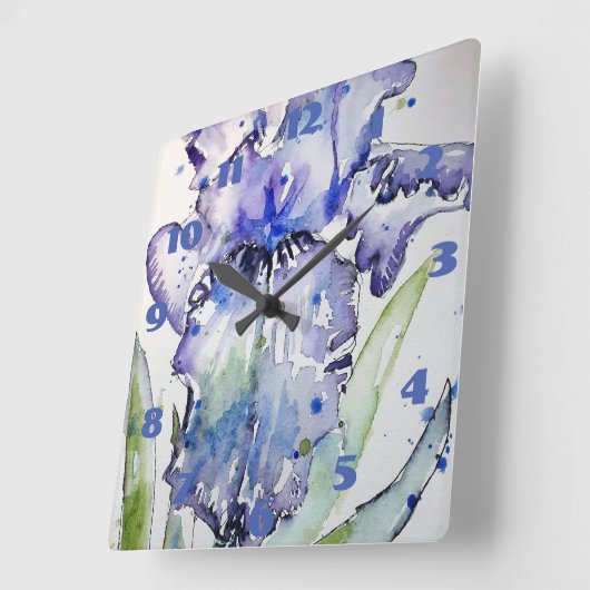 パープルブルーアイリスウォーターカラー絵画のフローラアート スクエア壁時計 (傾斜)