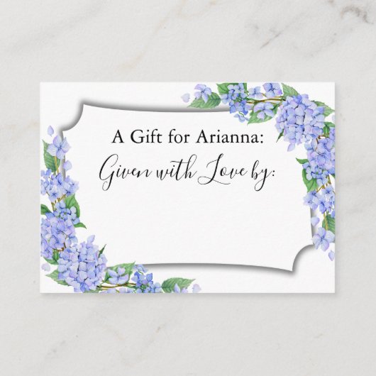パープルブルーアジサイ表示ブライダルシャワー エンクロージャーカード (裏面)