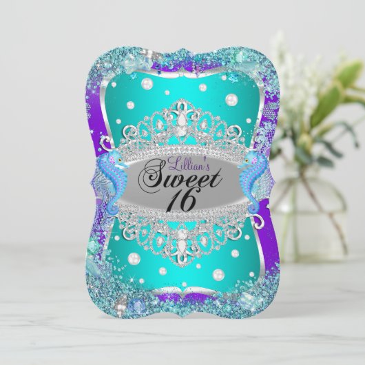 パープルブルーアンダーザシーティアラスウィート16招待状 招待状 (スタンド正面)